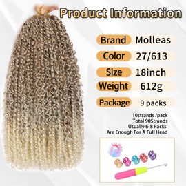 Molleas Passion Twist Hair 18inch,9pack Boho Passion Twist Crochet Hair,Pre Looped With Curly Ends for Bohemian Water Wave Braiding Hair,Crochet Hair for Black Women(18inch(pack of 9),27/613)