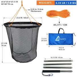 Drasry Large Collapsible Bridge Pier Fishing Net Landing Net with Rod, High Load Aluminum Ring Drop Net for Saltwater and Freshwater Rubber Coated Basket with 49.2 ft Rope 23.6 * 23.6 * 27.5 in