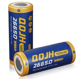 QOJH 26650 Rechargeable Battery, 3.7 Volt Rechargeable Battery 5000mAh Real Capacity 26650 Batteries for LED Flashlights, Headlamp 2 Pack