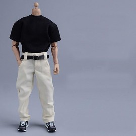 1/12 Scale Men's and Women Universal Action Figure Outfit Straight Belt Long Pants, Casual Pants, Belt, (Does not include body, head, shoes, etc.) Black top + white pants + belt