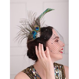 Teyglen Boho Peacock Feather Hair Clip with Black Veil Rhinestone Feather Headband Fascinator 1920s Feather Headpiece for Women Wedding Party Prom