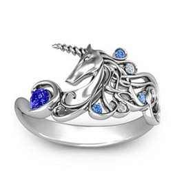 Anillo de plata de ley 925, diseño de unicornio, redondo, con circonita cúbica azul, talla perfecta, anillo de compromiso y eternidad, para mujer, TZ.40 (US Code 9)