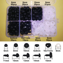 FANGZIDM 151PCS Safety Eyes and Noses with Washers 6-10mm Black Plastic Toy Eyes for Doll Making DIY Crafts