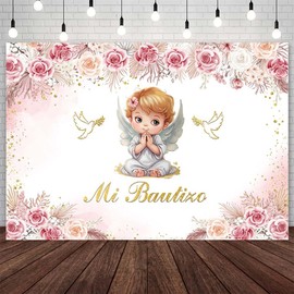 AIBIIN 7x5ft Mi Bautizo Backdrop for Girls God Bless First Holy Communion Photography Background Boho Pink Floral Gold Dove Baptism Christening Newborn Baby Shower Party Decorations Banner Photo Props