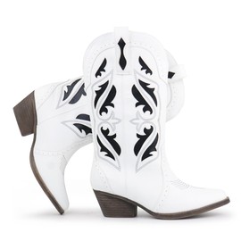 Hawkwell Women's Embroidered Stitched Mid Calf Cowboy Boots Slip On Pointed Toe Chunky Block Heel Classic Pull On Cowgirl Western Booties for Ladies,White PU,9.5