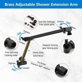 PDPBath - Brazo de extensión de cabezal de ducha de latón de 16 pulgadas, alargador de brazo de ducha ajustable de altura y ángulo mejorado con juntas de bloqueo, para cabezal de ducha fijo y cabezal