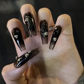 24Pcs False Nails Long Coffin, French Tip Press on Nails Acrylic Stick on Nails Black Butterfly Full Cover Fake Nails with Rhinestones, Removable Glue on Nails for Women Girls Daily Wear