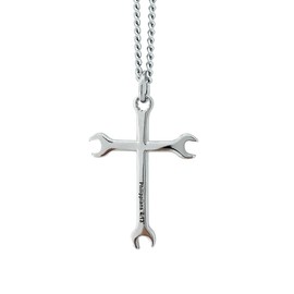 Shields of Strength 14K Gold Plated or Stainless Steel Men's Wrench Cross Pendant Necklace Inscribed with Philippians 4:13 Bible Verse - Gift For Mechanic, 18 inch, Stainless Steel