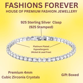 Platinum Plated Tennis Bracelet with 925 Sterling Silver Clasp | Sparkling Square 4mm Cubic Zirconia Crystals | For Women Bridal | Gift Boxed for Birthday Anniversary Valentine Christmas (20cm Length)