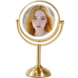VESAUR 8.5'' Large Gold Lighted Makeup Mirror, 1X/10X Clear Seamless Magnifying Mirror, Bright Vanity Mirror with 3 Colors Dimmable Lights, Two-Sided 360°Rotation Stable Base, Luxury Nickel, Gift Box