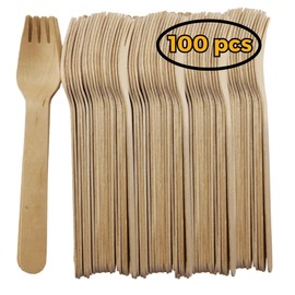R and R Industries Harshu Wooden Cutlery - 100 Units per Pack | Disposable Utensils | Biodegradable and Compostable | Perfect for Parties, Picnics, and Events (FORK 100 PCS)