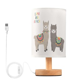 YYZZH Cute Llama Alpaca Funny Smile Animal Table Lamp with Wood Base Fabric Lamp Shade Bedside Nightstand Desk Lamp for Living Room Bedroom Kids Room Office