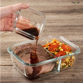 Fusion Gourmet Divided Glass Meal Prep Containers with Lids [8 pack, 33 oz 4.5 oz] 2 Compartment Glass Bento Boxes for Adults