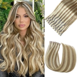 Hanne Fashion Micro Ring PU Hair Extensions Remy Human Hair Extension 9A/P60 Highlight Blonde Glueless Skin Weft Human Hair Extensions Invisible Tape in Hair Extension for Women (70g 8Pcs,18 Inch)