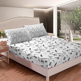 Hunt Fishing Fitted Sheet Queen (No Flat Sheet ) Sketch Black White Fishhooks Print Bedding Set Kids Boys Men Adult Bedroom Decor,Hunting Fish Bed Sheets Modern Soft Deep Pocket Sheet,2 Pillowcases