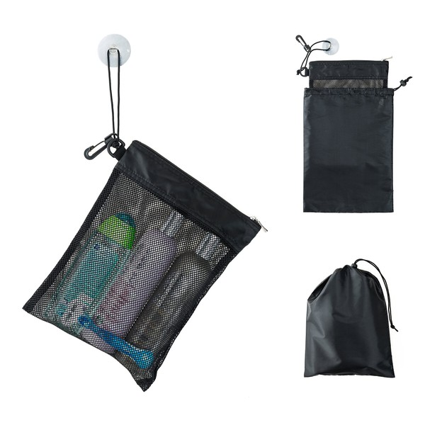 YUMA Active Shower Bag Tote, Mesh Caddy Toiletry Organizer 12”L x 9”W, Compact and Lightweight With Suction Cup, Cord for Hanging, Zipper and Drawstring Pouch 14”L x 10”W, Black