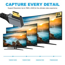 chenyang HDMI 2.1 Spiral Cable, HDMI Male to Mini HDMI Male 90 Degree Left Angled 8K @ 60Hz 4K @ 120Hz 48Gbps Ultra Fast Gold-Plated Cable 1.0 m for TV, Monitor, Computer