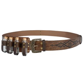 HiiFeuer Medieval Embossed Alchemy Faux Leather Buckle Belt with 4 Cork Vials, Fantasy Wizard Potion Bottles Belt(Brown A)