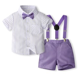 RSRZRCJ Toddler Baby Boy Clothes Suit Dress Clothes Bowtie Stripe Shirts+ Suspender Shorts Gentleman Photo Wedding Holiday Outfits (Stripe Purple, 3-4 Years)