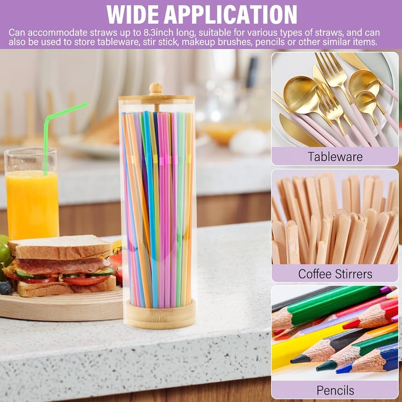 10 Inch Acrylic Straw Dispenser with Bamboo Lid, 100 Colorful