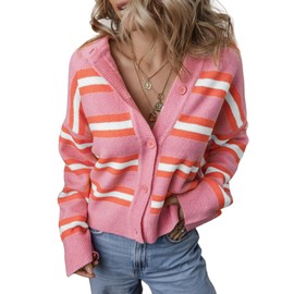 EVALESS Womens 2024 Trendy Cropped Striped Cardigans Sweaters Fashion Chunky Long Sleeve V Neck Knit Fall Winter Spring Lightweight Outerwear Coats,Pink Stripe Small