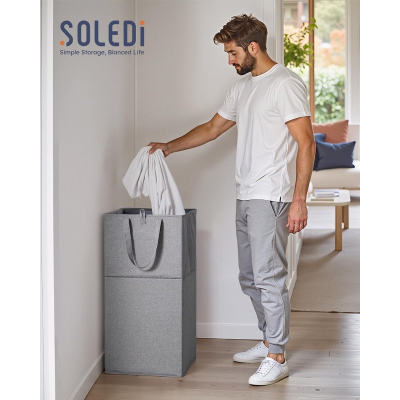 SOLEDI Large Collapsible Laundry Basket with Extended Handles, Freestanding Strong
