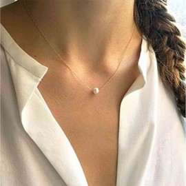 Iaceble Bohemia Single Pearl Necklace Choker Chain Minimalist Floating Pearl Choker Necklace Gold Tiny Pearl Necklace Chain Pearl Pendant Necklace Jewelry for Women(Gold)