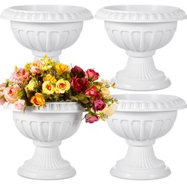 Zhehao 4 Pcs Classic Urn Planter 12 x 10 Inch Plastic Outdoor Traditional Urn Pedestal Flower Pots Outdoor Large White Planters Indoor for Garden Patio Front Porch