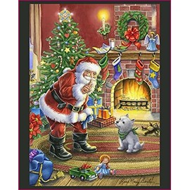 Alina Natetkova - 35" Digital New Fabric Panel - Shhh Santa Claus & Puppy Christmas Tree Scene - Fabric for Crafts by Alina Natetkova