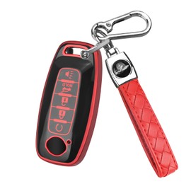 QBUC Key Fob Cover for Nissan,Car Key Fob Protector 5 Buttons Key Case Protection Compatible with 2023 2024 Pathfinder Rogue Metal Keychain Remote Key Accessories Protector (Red)