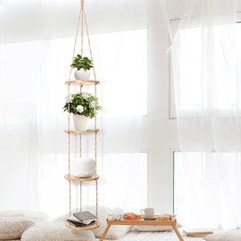 Hemp Rope Hanging Plant Shelf from Ceiling for Narrow Space or window Boho Hanging plant Shelves, Natural Pine Wooden Plant Stand Display for Indoor, Outdoor, Corner, Balcony, Living Room and Bedroom