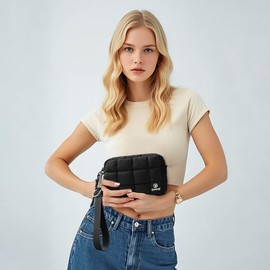 DOYOGI Quilted Cosmetic Bag, Puffer Makeup Bags, Crossbody Purses for women,Cute Travel Toiletry Bag for Women (Black)