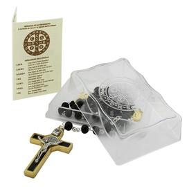 Wooden and Metal Saint Benedict Rosary | Black Beads and Gold-Tone St. Ben Medals and Crucifix | Patron Saint of Students | Great Catholic Gift for First Communion and Confirmation | Made in Italy,