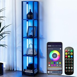 MITELSON RGBCW Floor Lamp, LED Smart Modern Floor Lamp with Music Sync, Color Changing Corner Display Shelf Lamp, Square Standing Lamp with Shelves for Living Room and Bedroom, Office, Black