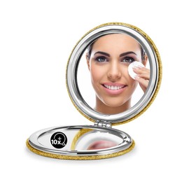 OMIRO 1X/10X(300R) Magnifying Compact Mirror with PU Leather, Ultra-Portable for Purses and Travel, Round Gold