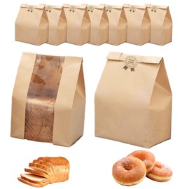 Paper Bread Bags for Homemade Bread, Large Kraft Paper Bakery Bags with Window for Sourdough Bread Toast Packing Storage with Label Seal Stickers(13.7x8.2x3.5 inch). (100)