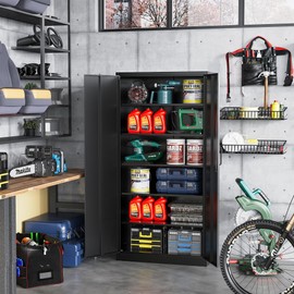 STANI Metal Garage Storage Cabinet with Lock, 71" Steel Lockable File Cabinet, Locking Steel Storage Cabinet with 5 Adjustable Shelves for Home, Office, Warehouse, Garage, School (Black)