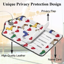 Cute Colorful Dog 2 Pack PU Leather Luggage Tags for Suitcase, Red Heart Travel Cruise Tag with Privacy Flap, Name ID Label and Metal Loop for Women Men Baggage Handbag School Bag