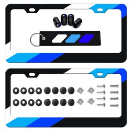 2 Pack Tri-Color 3 Color License Plate Frame Holder Cover, Car Tire Valve Stem Caps Cover Compatible with Toyota Car Accessories. (XK White Blue Dark Blue 2 Holes)