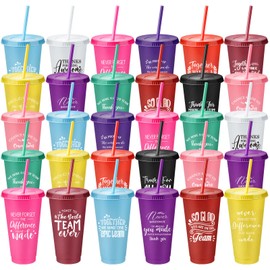 Bokon 30 Pcs Employee Appreciation Gifts 24oz Plastic Cups with Lids and Straws Thank You Gifts for Staff Coworker Reusable Tumblers Thank You Cups for Teacher Nurse(Employee)
