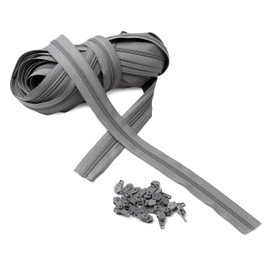 IPEA Zipper Size 5# Continuous Chain - 10 Metres - Nylon Zippers Per Metre + 25 Sliders Included - Zip - Cuttable for Sewing, 3 Colours to Choose, Grey, 30mm Wide