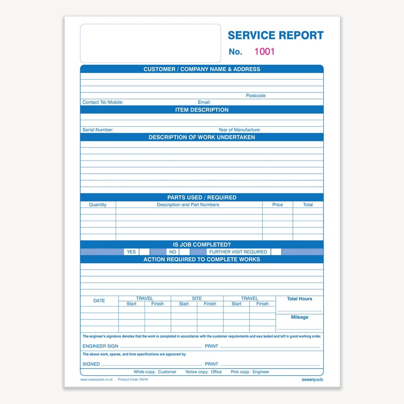 Ocean Pads Engineer Service Report Book with Inspection Description Timesheet