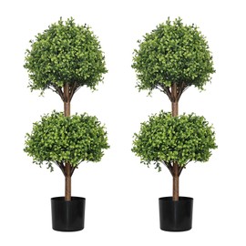 THE BLOOM TIMES 40 Inch Artificial Topiary Double Ball Boxwood Tree,Set of 2 Fake Potted Plants Faux Bushes & Shrubs Plants for Outdoor Planter Front Proch Decor