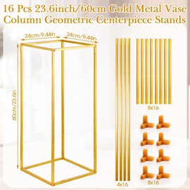 Tandefio 16 Pcs Gold Wedding Flower Stand 23.6'' Metal Flower Stand Tall Centerpiece Vases Gold Centerpiece Stand Column Rectangular Geometric Flower Rack for Table Floor Wedding Party Decoration Home
