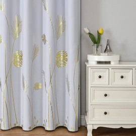 Estelar Textiler Greyish White Thermal Insulted Curtains 96 Inches Long Room Darkening Light Filtering Window Curtains with Gold Palm Leaf and Wheat Pattern for Bedroom, 52Wx96L, 2 Drapes