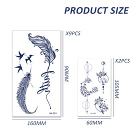 11pcs Semi-Permanent Waterproof Tattoo Stickers, Dark Blue Temporary Fake Tattoos, Realistic Body Art Tattoo Stickers, Tattoo Stickers Lasting 1-2 Weeks