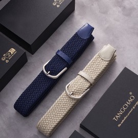 TANGCHAO 2 Pieces Fabric Belt, Stretch Belt, Elastic Braided Belt, Braided and Elastic Stretchy Belt for Men and Women, 3.3 cm, Length 90 cm to 135 cm, Blue and beige, Length 105 cm