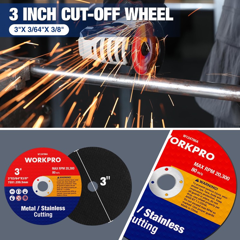 WORKPRO 20-Pack Cut-Off Wheels, 3 X 3/8-inch Metal&Stainless Steel Cutting
