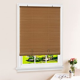 Cordless Solstice Vinyl Roll-Up Blind - 48 Inch Width, 72 Inch Length, Quarter Inch Vinyl Slats - Woodtone - Soft Light Filtering Horizontal Windows Blinds for Indoor & Ourdoor by Achim Home Decor