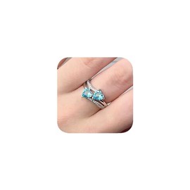 14K Wihte Gold Plated Double Heart Love Cut CZ Cubic Zirconia Wedding Band Engagement Bridal Ring 925 Silver Hug Birthstone Rings for Women Promise Statement Ring Size 6-10(Blue 7#)
